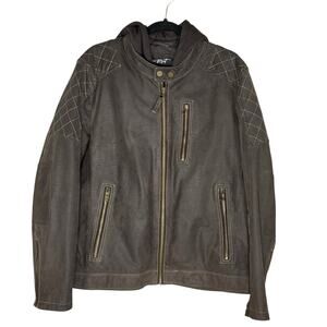 Leather Moto Cafe Racer Jacket Mens L Removable Hoodie Brown